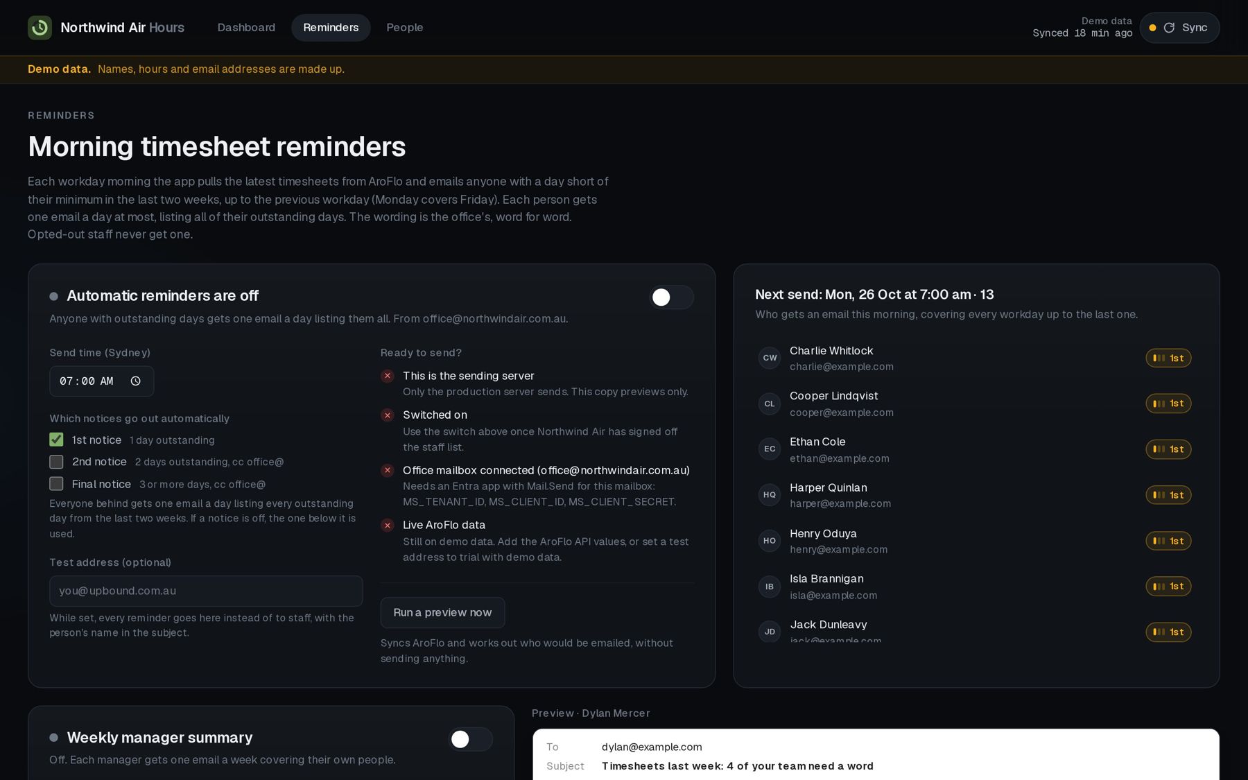 Reminders screen: send time 7:00 am, three notice levels, and a list of who gets an email on the next send.